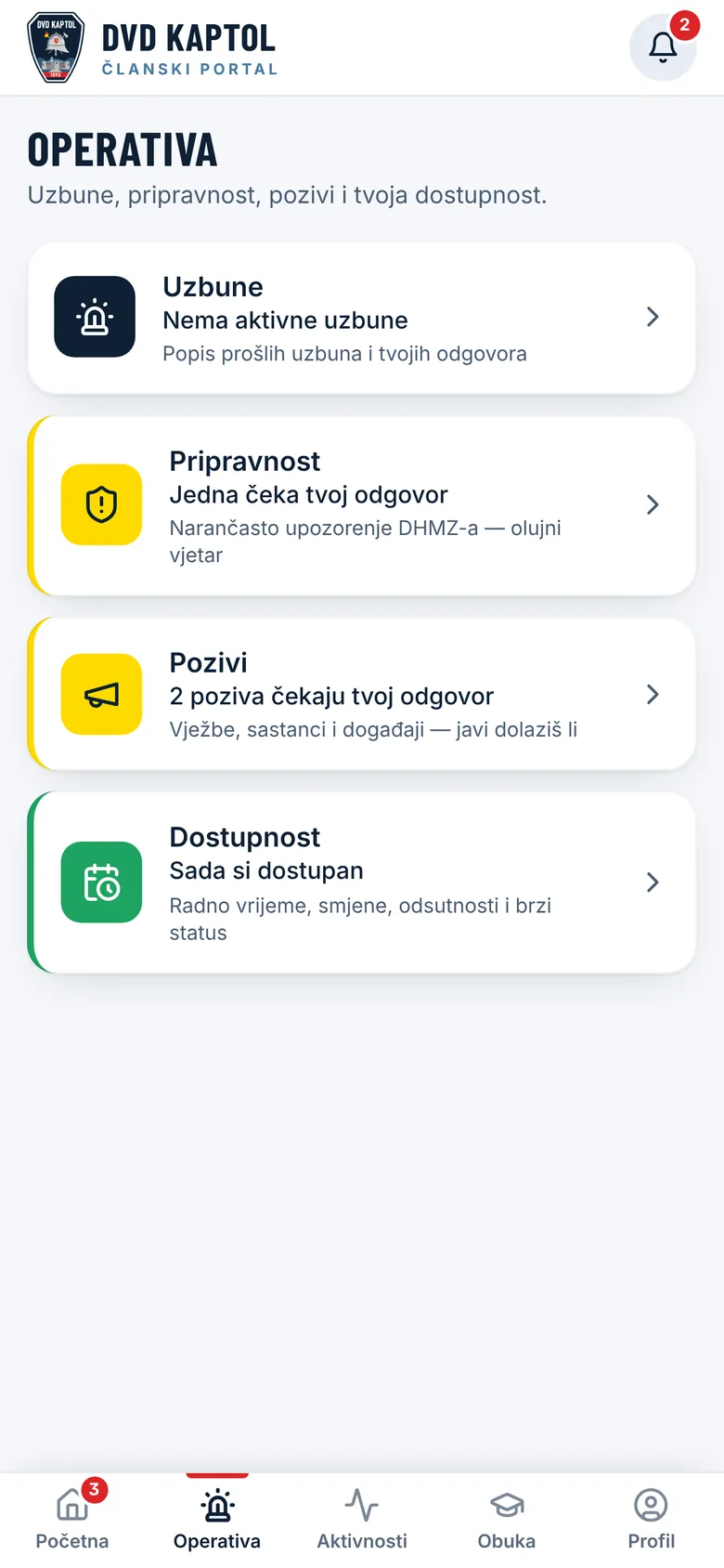 Operativa u članskom portalu: uzbune, pripravnost i dostupnost